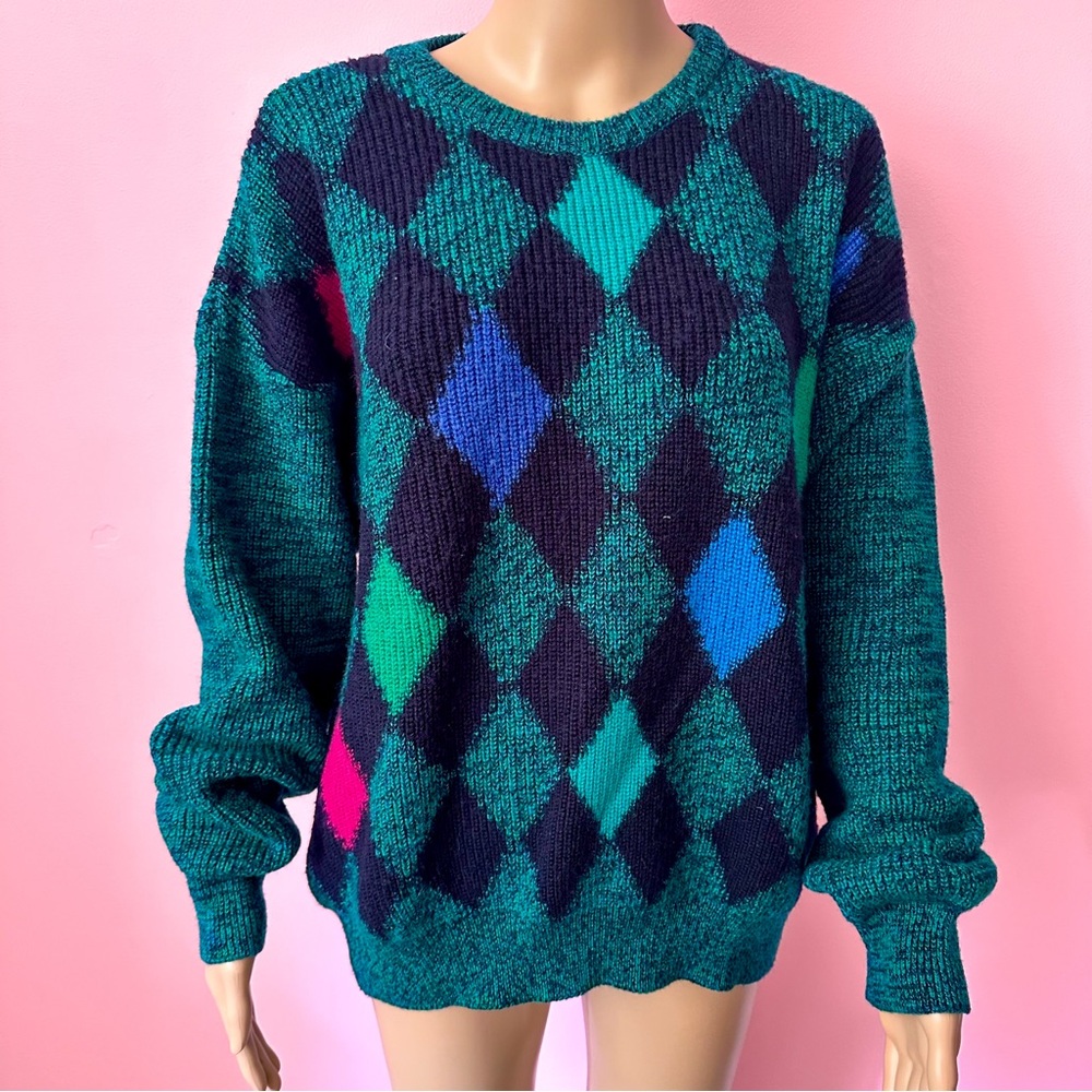 Vintage Women's XL Grunge 90's Green and Pink Argyle Sweater